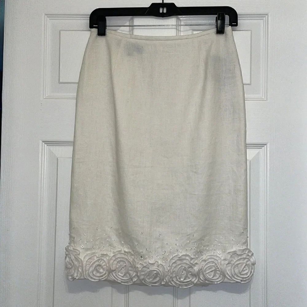 Lafayette 148 New York White Linen Hand Embellished Skirt, NWT